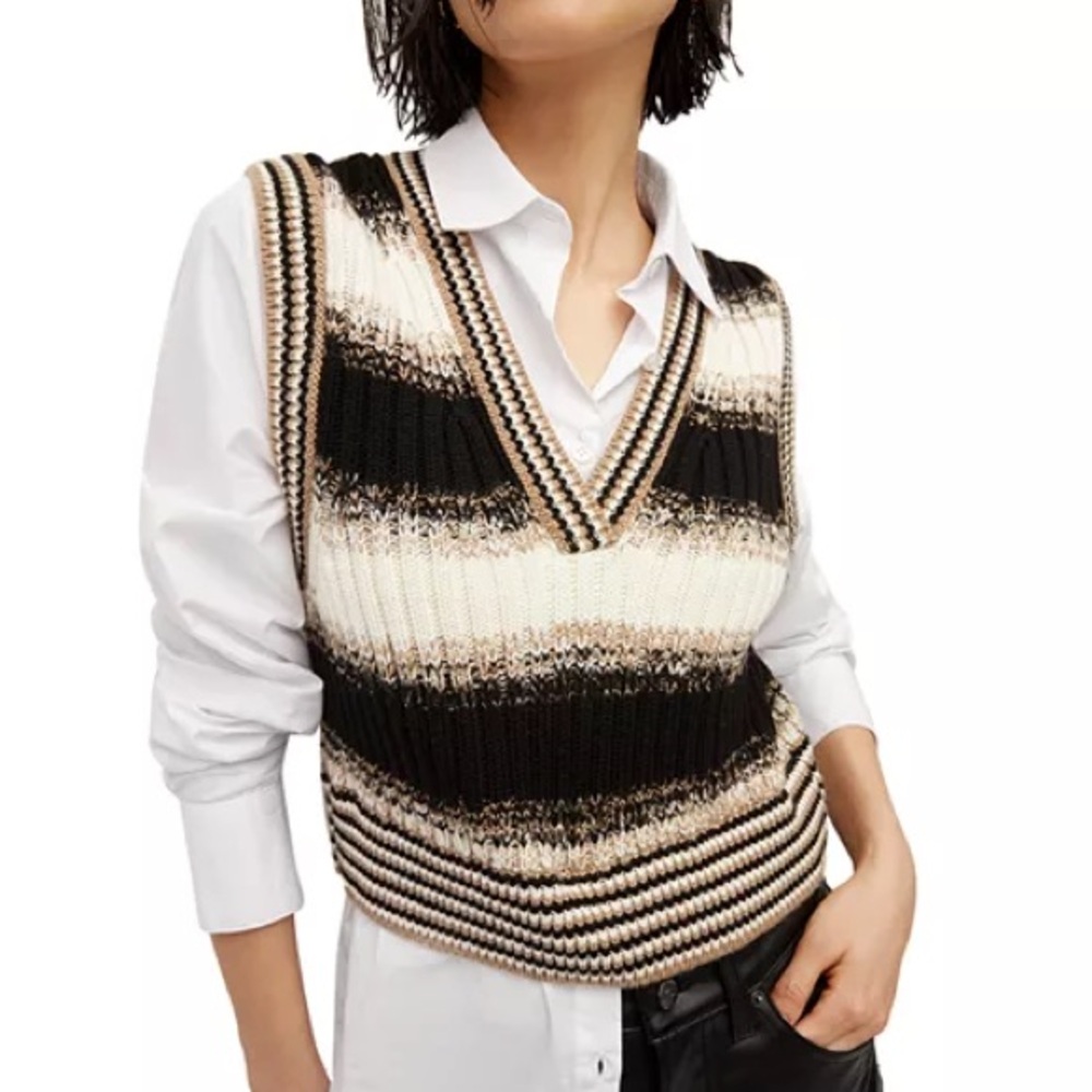 Veronica Beard Black and Cream V-Neck Sweater Vest
